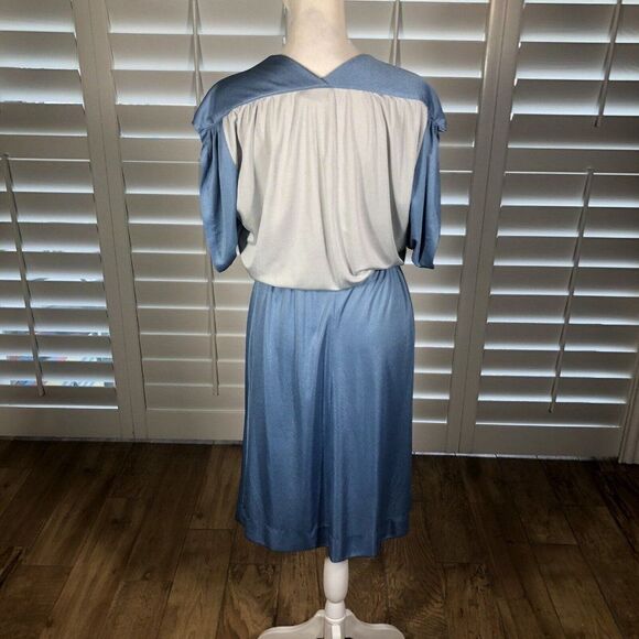 Vtg 70 Act I Blue Silver Blouson Disco Polyester Dress Medium Stretch 1/2 Sleeve - Picture 4 of 12